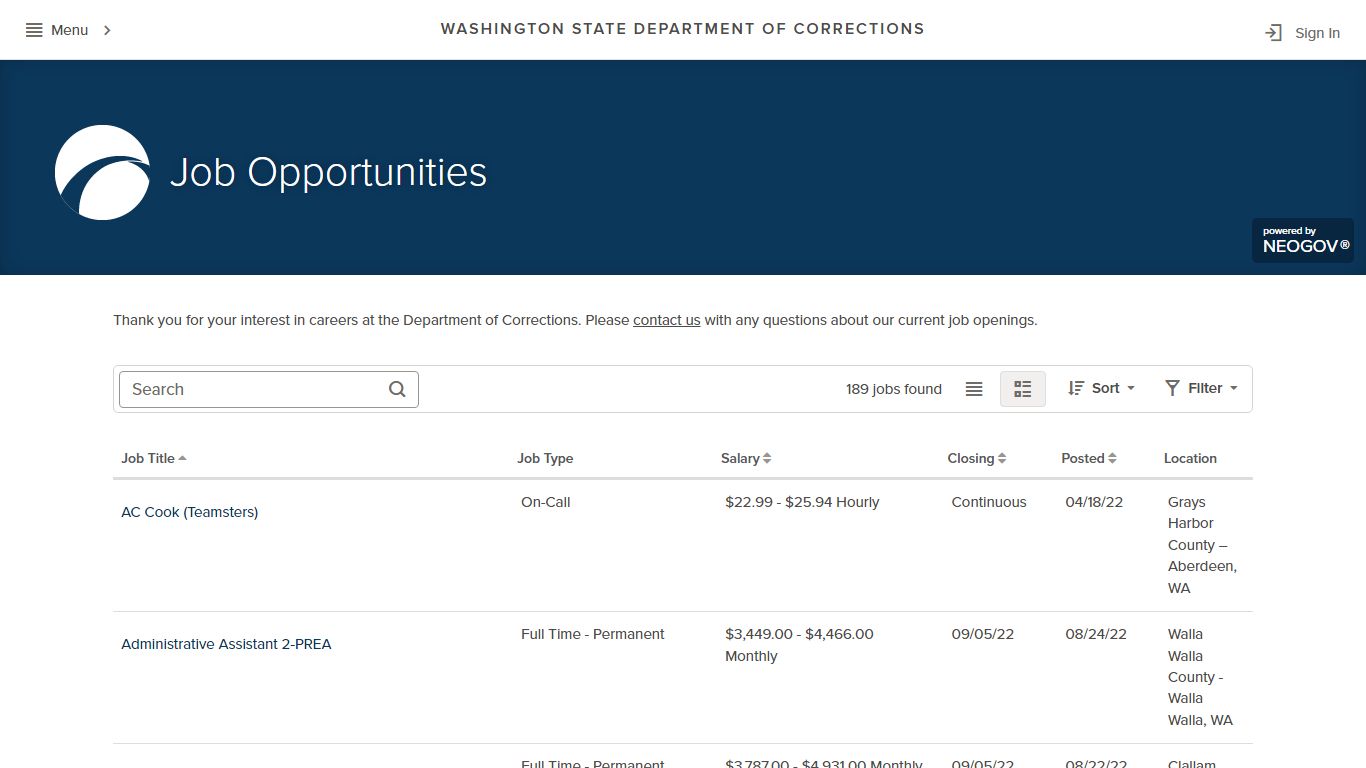 Washington State Department of Corrections | Job Opportunities