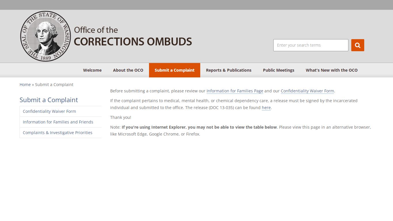 Submit a Complaint | Corrections Ombuds - Washington